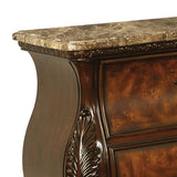 Benzara Bombe Shaped Nightstand with Carving and Molded Details, Cherry Brown BM215820 Brown Solid Wood, Marble and Metal BM215820