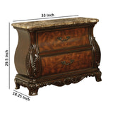 Benzara Bombe Shaped Nightstand with Carving and Molded Details, Cherry Brown BM215820 Brown Solid Wood, Marble and Metal BM215820