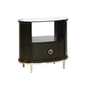 Benzara 1 Drawer Oval Shaped Glass Top Nightstand with Open Compartment, Dark Brown BM215831 Brown Solid Wood, MDF, Metal, Veneer and Glass BM215831