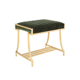 Channel Tufted Fabric Vanity Stool with Metal Legs, Green and Gold