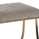 Benzara Channel Tufted Fabric Vanity Stool with Metal Legs, Gray and Gold BM215836 Gray and Gold Solid Wood, MDF, Metal, Veneer and Fabric BM215836