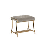 Benzara Channel Tufted Fabric Vanity Stool with Metal Legs, Gray and Gold BM215836 Gray and Gold Solid Wood, MDF, Metal, Veneer and Fabric BM215836