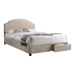 Benzara Fabric Upholstered Queen Size Storage Bed with Nailhead Trims, Beige BM215866 Beige Wood and Fabric BM215866