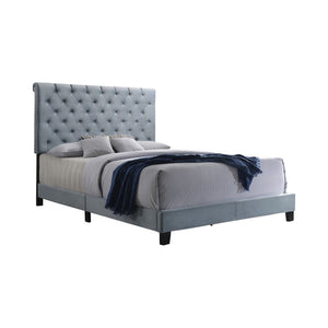 Benzara Fabric Upholstered Full Size Bed with Scroll Headboard Design, Blue BM215875 Blue Wood and Fabric BM215875