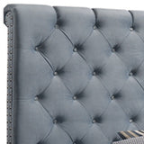 Benzara Fabric Upholstered Full Size Bed with Scroll Headboard Design, Blue BM215875 Blue Wood and Fabric BM215875