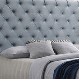 Benzara Fabric Upholstered Eastern King Bed with Scroll Headboard Design, Blue BM215876 Blue Wood and Fabric BM215876