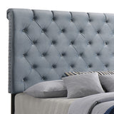 Benzara Fabric Upholstered Eastern King Bed with Scroll Headboard Design, Blue BM215876 Blue Wood and Fabric BM215876