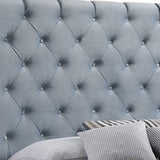 Benzara Fabric Upholstered Queen Size Bed with Scroll Headboard Design, Blue BM215877 Blue Wood and Fabric BM215877