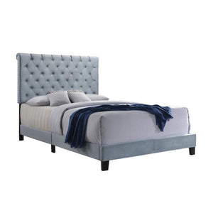 Benzara Fabric Upholstered Queen Size Bed with Scroll Headboard Design, Blue BM215877 Blue Wood and Fabric BM215877