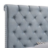 Benzara Fabric Upholstered Queen Size Bed with Scroll Headboard Design, Blue BM215877 Blue Wood and Fabric BM215877