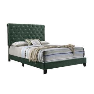 Benzara Fabric Upholstered Eastern King Bed with Scroll Headboard Design, Green BM215882 Green Wood and Fabric BM215882