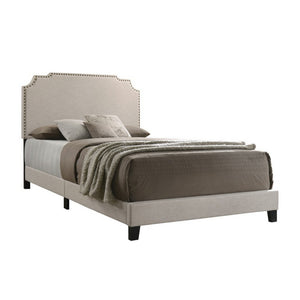 Benzara Fabric Upholstered Wooden Full Size Bed with Nailhead Trims, Beige BM215884 Beige Wood and Fabric BM215884