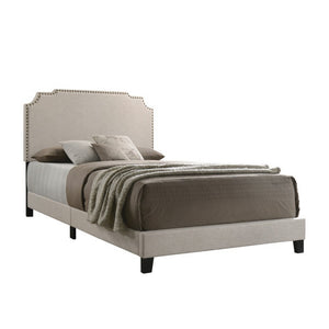 Benzara Fabric Upholstered Wooden Queen Size Bed with Nailhead Trims, Beige BM215886 Beige Wood and Fabric BM215886