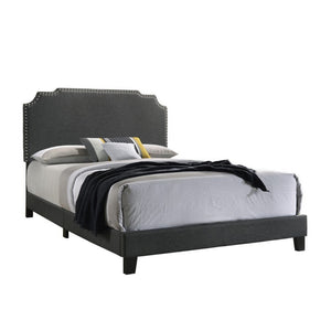 Benzara Fabric Upholstered Wooden Queen Size Bed with Nailhead Trims, Gray BM215889 Gray Wood and Fabric BM215889