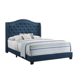 Benzara Fabric Upholstered Wooden Demi Wing Full Bed with Camelback Headboard, Blue BM215890 Blue Wood and Fabric BM215890