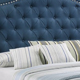 Benzara Fabric Upholstered Wooden Demi Wing Queen Bed with Camelback Headboard,Blue BM215892 Blue Wood and Fabric BM215892