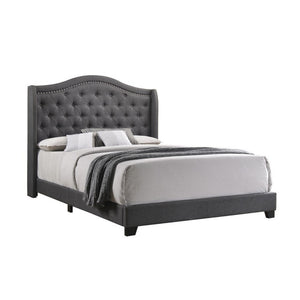 Benzara Fabric Upholstered Wooden Demi Wing Full Bed with Camelback Headboard, Gray BM215893 Gray Wood and Fabric BM215893