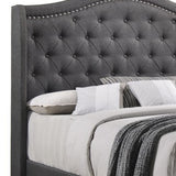 Benzara Fabric Upholstered Wooden Demi Wing Queen Bed with Camelback Headboard,Gray BM215895 Gray Wood and Fabric BM215895