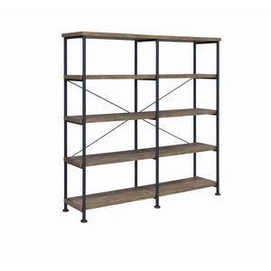 Benzara 4 Tier Wood and Metal Frame Bookcase with Criss Cross Design, Rustic Brown BM215979 Brown MDF, Particleboard and Laminate BM215979