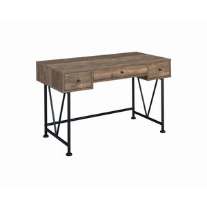 Benzara Traditional Style Wooden Writing Desk with 3 Drawers, Rustic Oak and Black BM215980 Brown and Black MDF, Particleboard and Steel BM215980