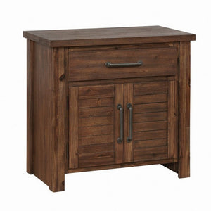 Benzara Plank Style Wooden Nightstand with 1 Drawer and 2 Doors, Bourbon Brown BM215988 Brown Solid Wood BM215988