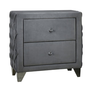 Benzara Fabric Upholstered Button Tufted Nightstand with 2 Drawers, Gray BM216084 Gray Solid Wood, Fabric and Metal BM216084