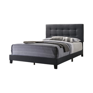 Benzara Eastern King Bed with Square Button Tufted Headboard, Dark Gray BM216088 Gray Solid Wood, MDF and Fabric BM216088