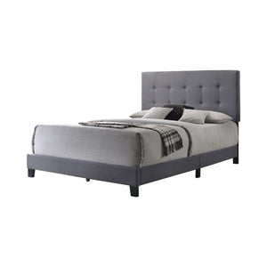 Benzara Full Size Bed with Square Button Tufted Headboard and Chamfered Legs, Gray BM216091 Gray Solid Wood, MDF and Fabric BM216091