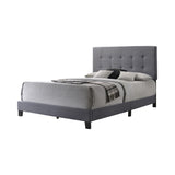 Queen Size Bed with Square Button Tufted Headboard and Chamfered Legs, Gray