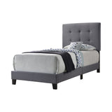 Benzara Twin Size Bed with Square Button Tufted Headboard and Chamfered Legs, Gray BM216094 Gray Solid Wood, MDF and Fabric BM216094