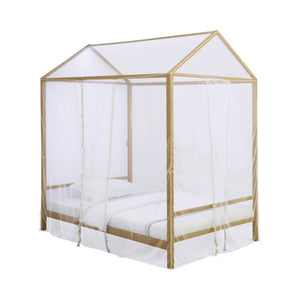 Benzara Full Size Metal Canopy Bed with Sheer Net and Overhead LED Lighting, Gold BM216095 Gold Metal BM216095