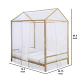 Benzara Full Size Metal Canopy Bed with Sheer Net and Overhead LED Lighting, Gold BM216095 Gold Metal BM216095