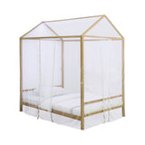 Benzara Full Size Metal Canopy Bed with Sheer Net and Overhead LED Lighting, Gold BM216095 Gold Metal BM216095