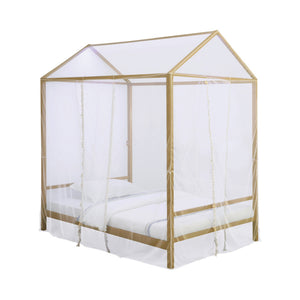 Benzara Twin Size Metal Canopy Bed with Sheer Net and Overhead LED Lighting, Gold BM216096 Gold Metal BM216096