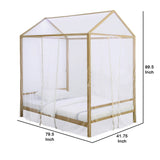 Benzara Twin Size Metal Canopy Bed with Sheer Net and Overhead LED Lighting, Gold BM216096 Gold Metal BM216096