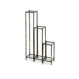 Benzara 2 Tier Square Slatted Top Plant Stand, Set of 3, Black and Gold BM216735 Black and Gold Metal BM216735