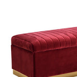 Benzara Lift Top Storage Fabric Bench with Vertical Tufted Channels, Red and Gold - BM216802 BM216802 Red and Gold Solid wood, Fabric BM216802