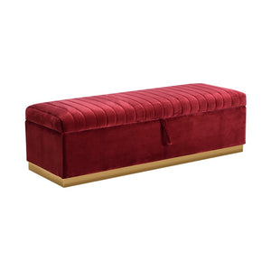 Benzara Lift Top Storage Fabric Bench with Vertical Tufted Channels, Red and Gold - BM216802 BM216802 Red and Gold Solid wood, Fabric BM216802