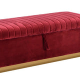 Benzara Lift Top Storage Fabric Bench with Vertical Tufted Channels, Red and Gold - BM216802 BM216802 Red and Gold Solid wood, Fabric BM216802