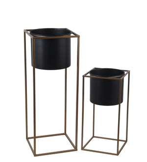 Benzara Metal Round Planter with Square Shaped Frame, Set of 2, Black and Gold BM216908 Black, Gold Metal BM216908