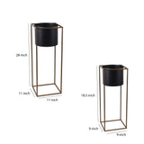 Benzara Metal Round Planter with Square Shaped Frame, Set of 2, Black and Gold BM216908 Black, Gold Metal BM216908