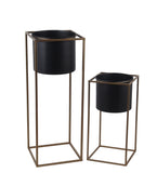 Metal Round Planter with Square Shaped Frame, Set of 2, Black and Gold