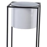 Benzara Metal Round Planter with Square Shaped Frame, Set of 2, Black and White BM216909 Black, White Metal BM216909