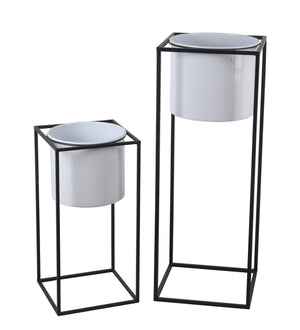 Benzara Metal Round Planter with Square Shaped Frame, Set of 2, Black and White BM216909 Black, White Metal BM216909