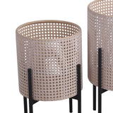 Benzara Lattice Round Metal Planter with Tubular Base, Set of 3, Black and Beige BM217053 Black and Beige Metal BM217053