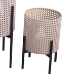 Benzara Lattice Round Metal Planter with Tubular Base, Set of 3, Black and Beige BM217053 Black and Beige Metal BM217053