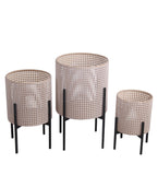 Lattice Round Metal Planter with Tubular Base, Set of 3, Black and Beige