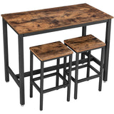 3 Piece Wooden Top Bar Table Set with Tubular Metal Legs, Brown and Black