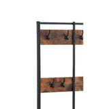 Benzara Wood and Metal Hall Tree with 12 Hooks and 3 Open Shelves, Brown and Black BM217107 Brown and Black Particle Board and Iron BM217107