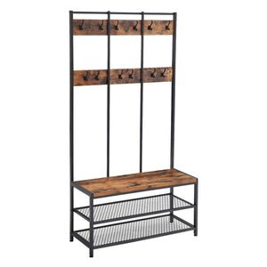 Benzara Wood and Metal Hall Tree with 12 Hooks and 3 Open Shelves, Brown and Black BM217107 Brown and Black Particle Board and Iron BM217107